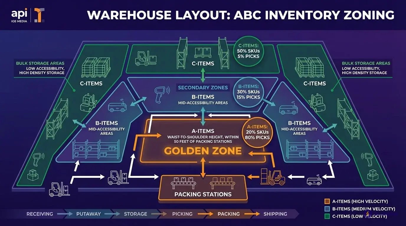 ABC inventory slotting warehouse layout diagram showing golden zone optimization for ecommerce fulfillment