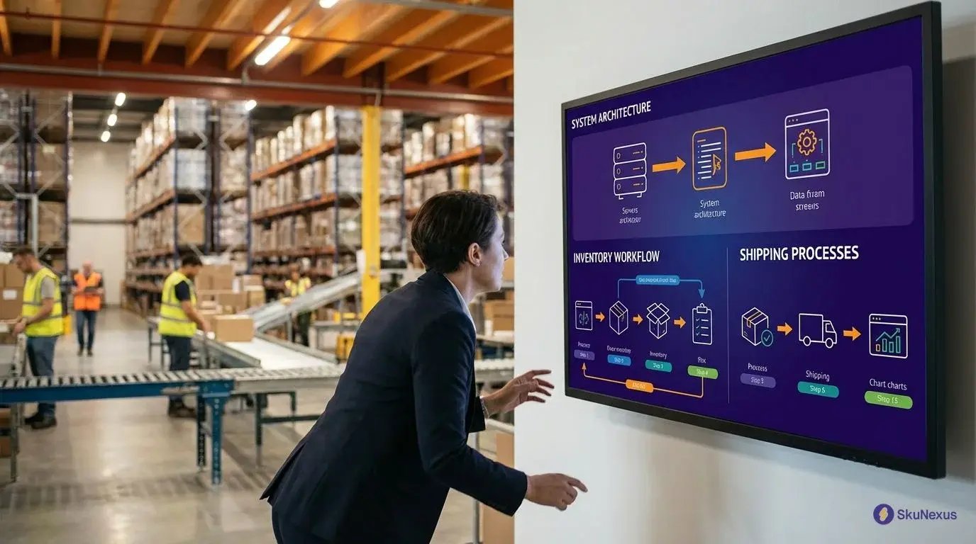 ecommerce fulfillment operations manager analyzing performance metrics in modern warehouse facility