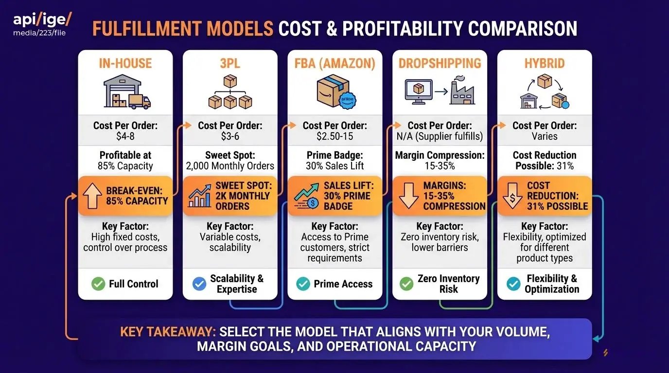 ecommerce fulfillment models cost comparison table showing per order pricing and break-even points