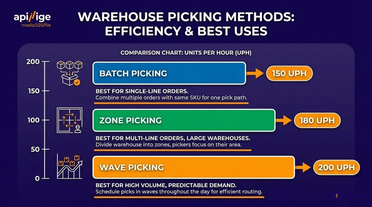 picking method efficiency comparison chart showing batch zone wave picking units per hour