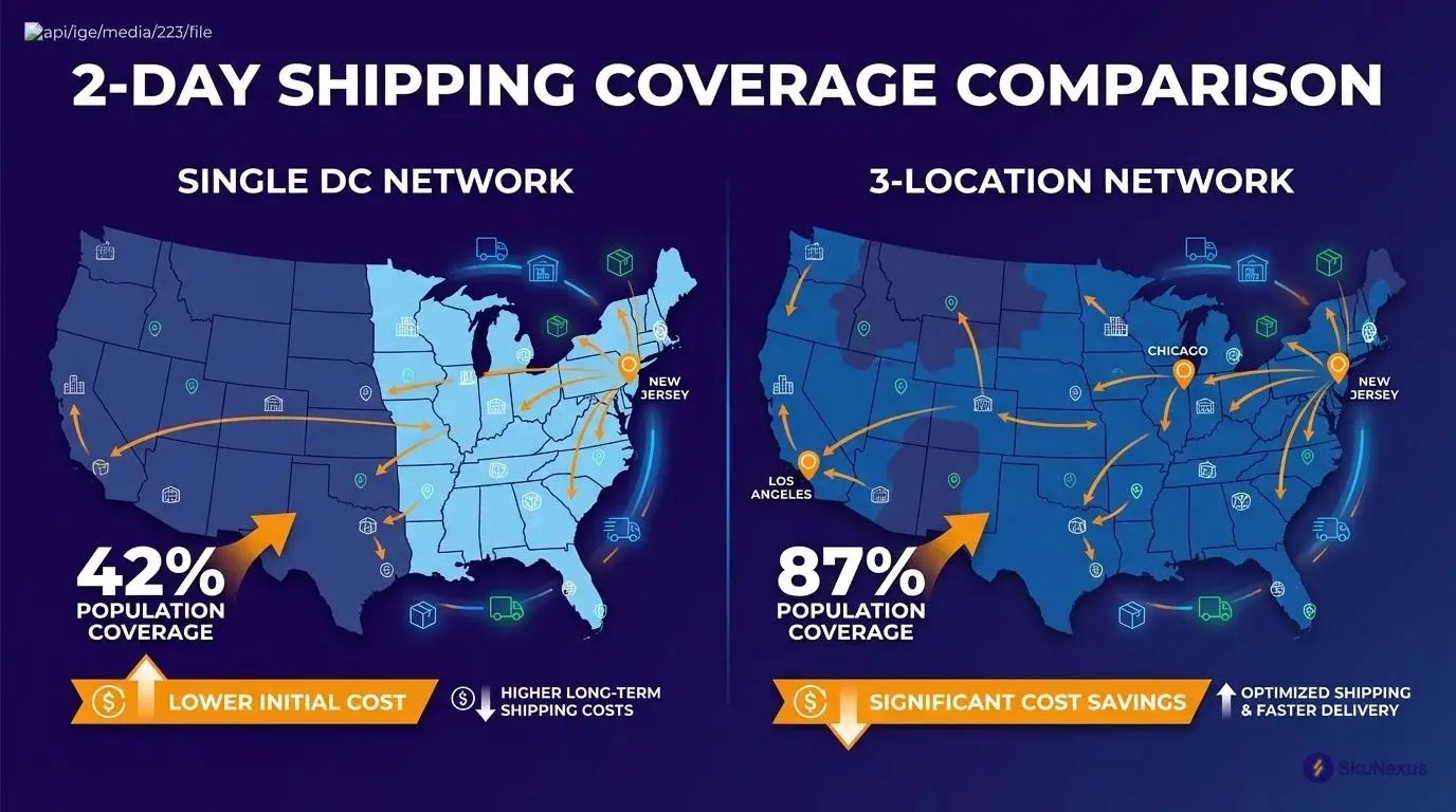 US map showing 2-day shipping coverage zones single DC versus distributed fulfillment network