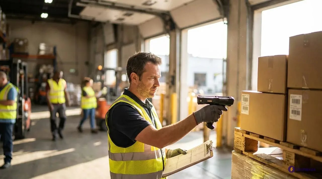 warehouse receiving worker scanning barcode for ASN verification during ecommerce fulfillment process