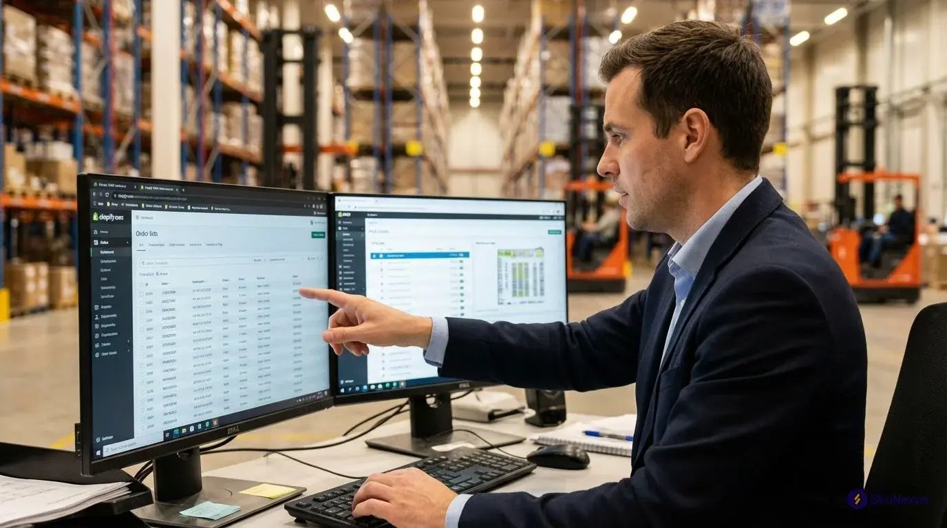 operations manager reviewing OMS WMS integration dashboards in fulfillment center