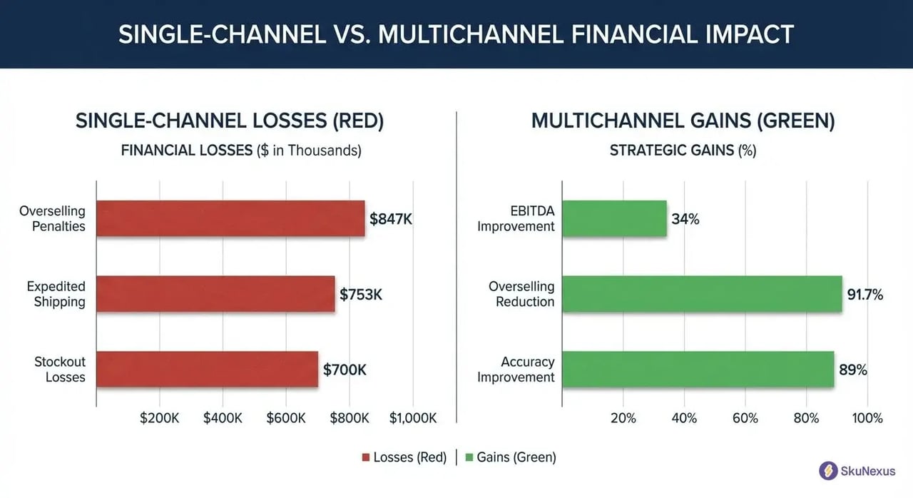 Bar chart showing single channel vs multichannel inventory management financial comparison with $2.3M annual difference