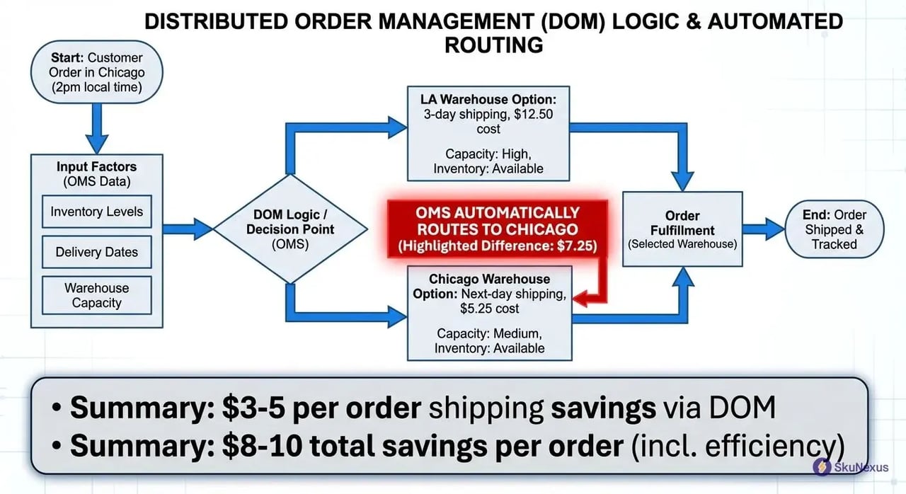 Order management system OMS distributed order management flowchart showing routing logic and cost savings