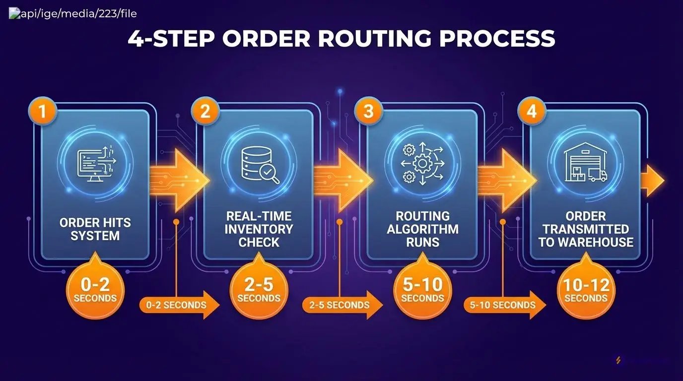 automated order routing software 4-step process flow from order placement to warehouse transmission