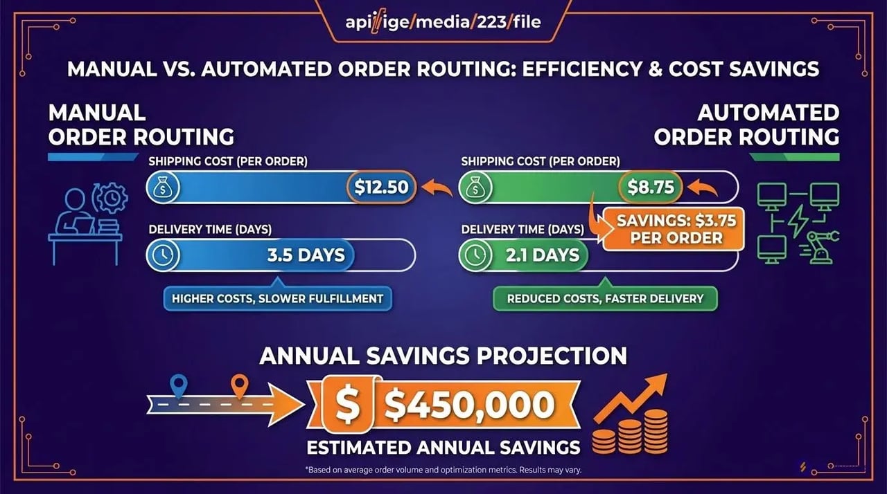 order routing automation ROI showing 30% cost reduction from $12.50 to $8.75 per shipment
