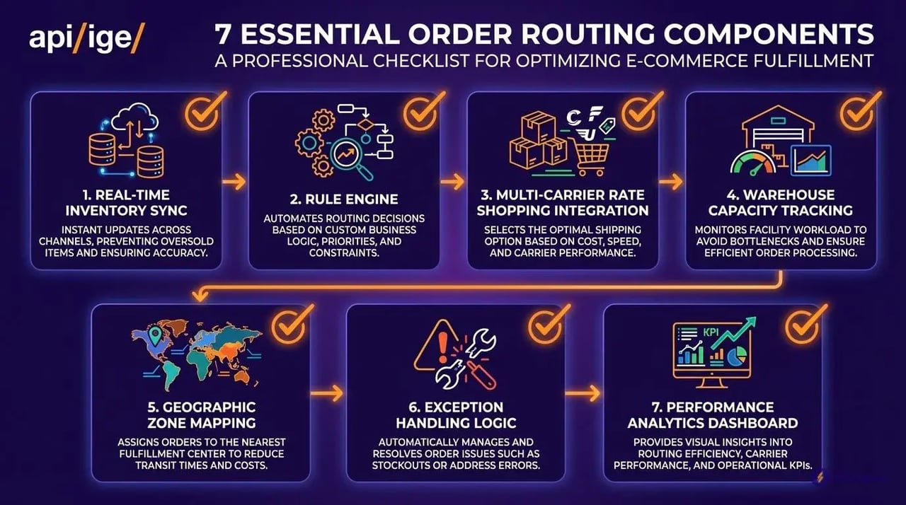 order routing system components checklist showing 7 essential features for automation