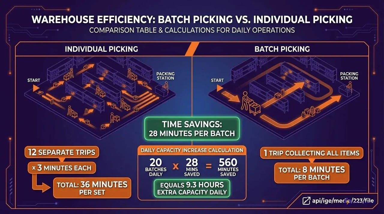 Batch picking vs individual picking time comparison showing 28 minutes saved per batch with pick and pack software