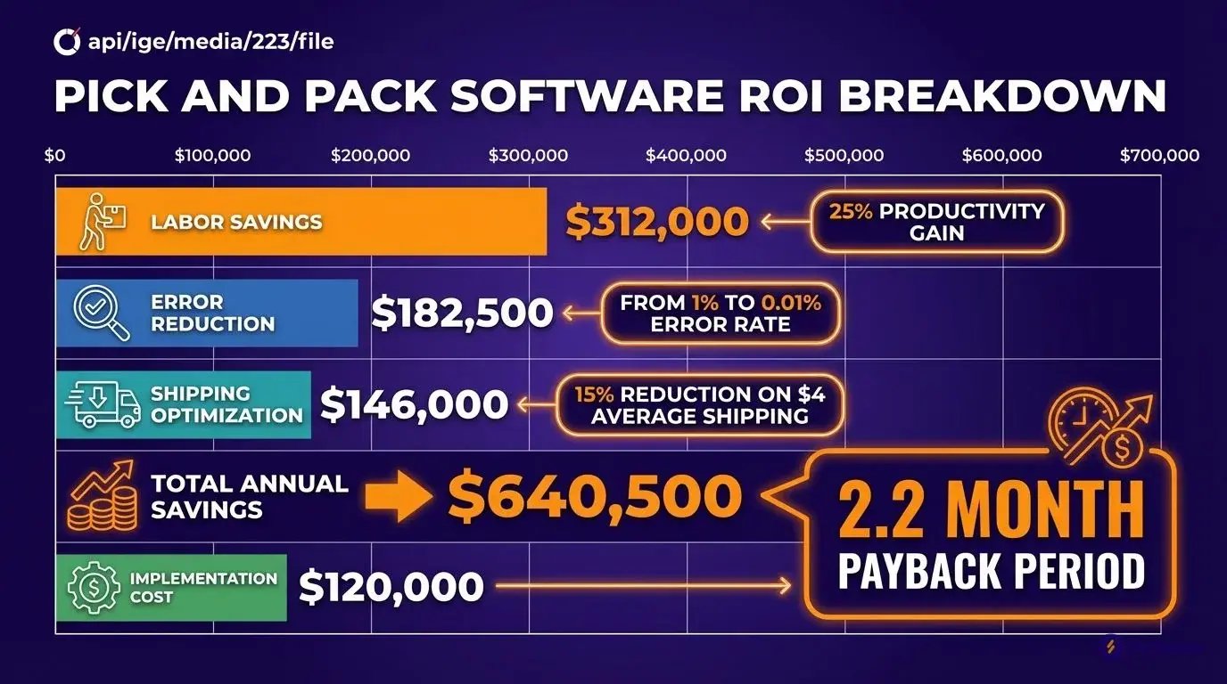 Pick and pack software ROI calculator showing $640,500 annual savings with 2.2 month payback period