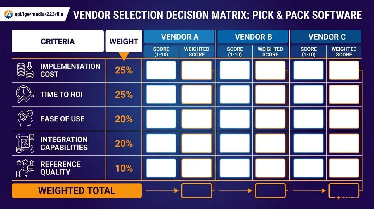 Pick and pack software vendor selection matrix with weighted criteria for implementation cost and ROI