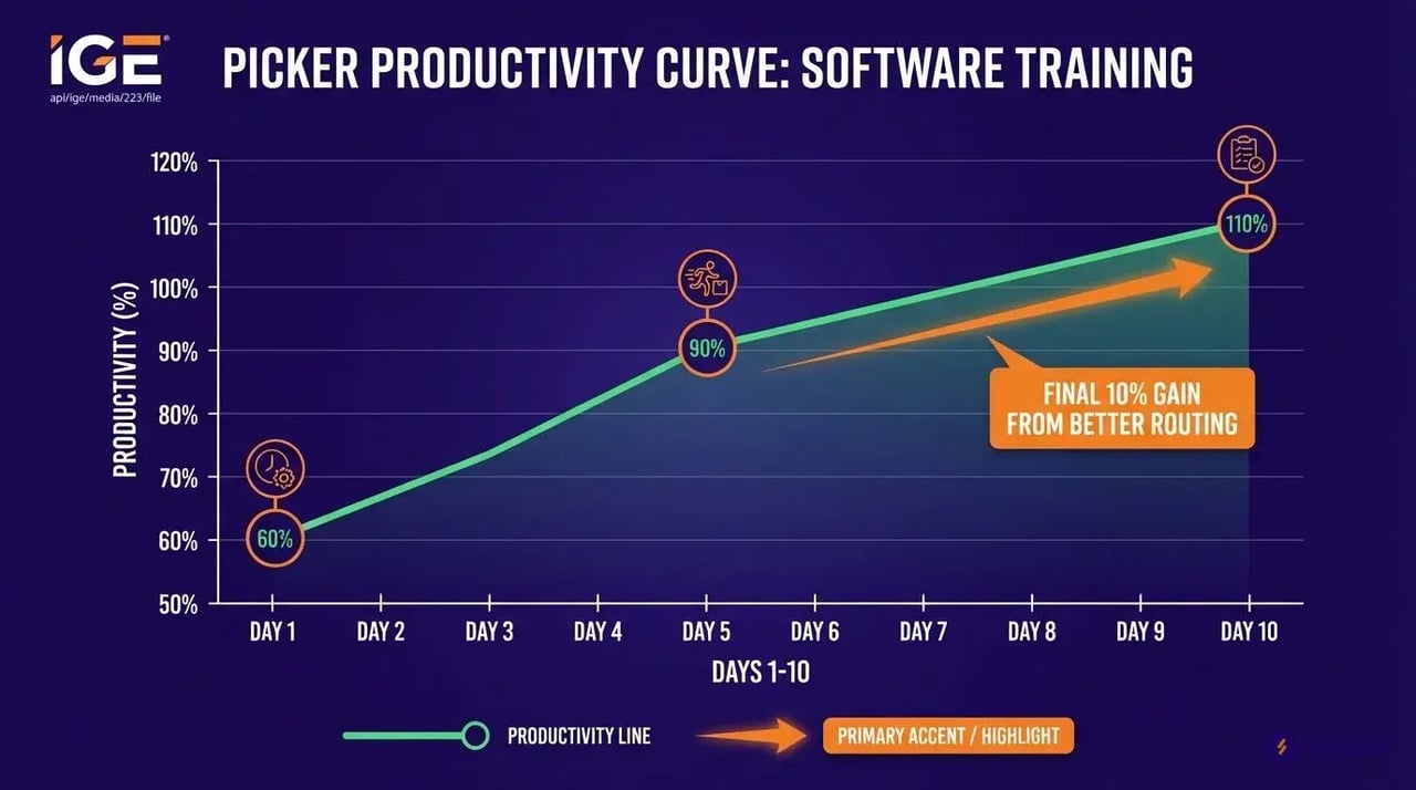 Picker productivity curve showing 110% efficiency after 10 days of pick and pack software training