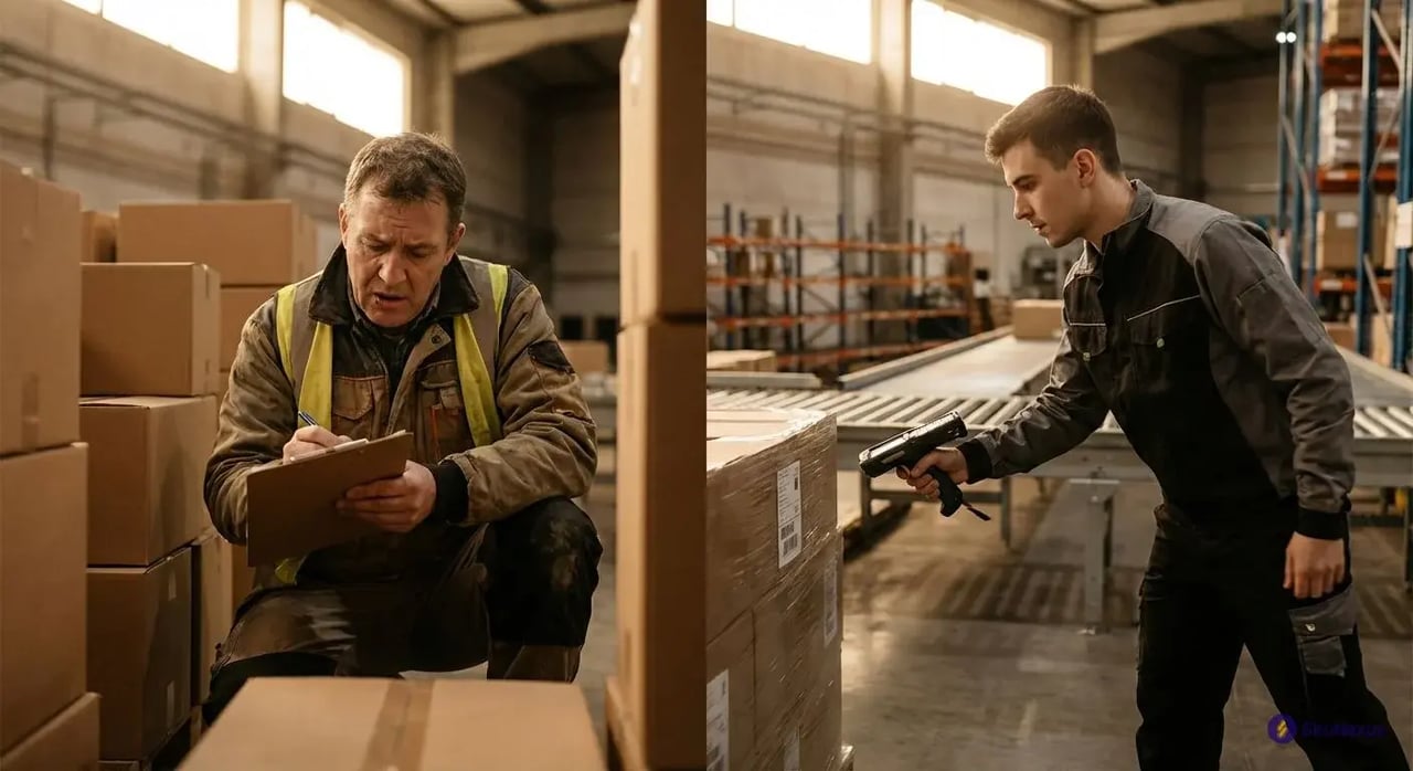 manual inventory counting versus automated barcode scanning showing efficiency differences in retail warehouses