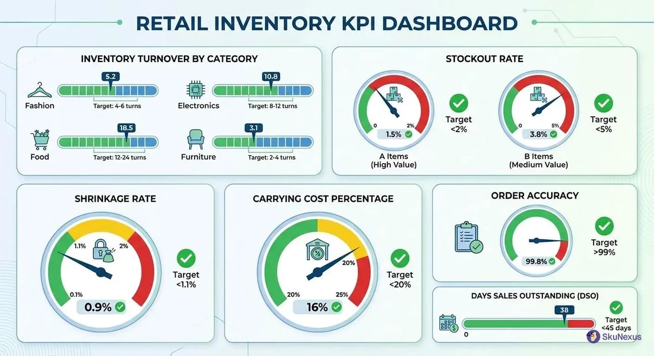 retail inventory KPIs dashboard showing turnover rates, stockout percentages, and accuracy targets by category