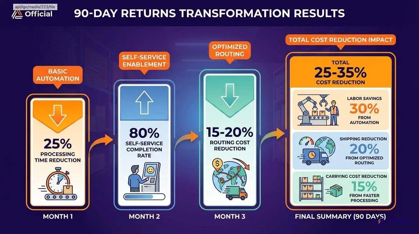 90-day returns transformation roadmap results showing 25-35% total cost reduction through automation and optimization