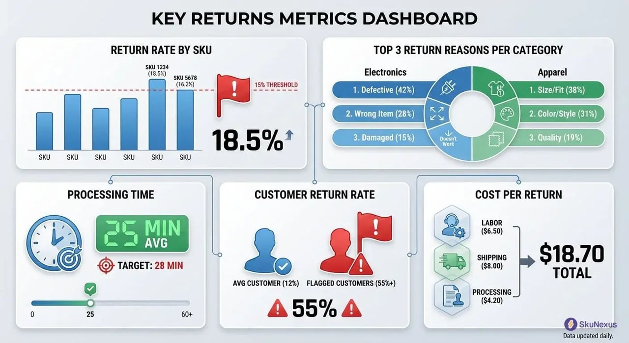 5 weekly returns management metrics to track including 15% SKU threshold and 28 minute processing target