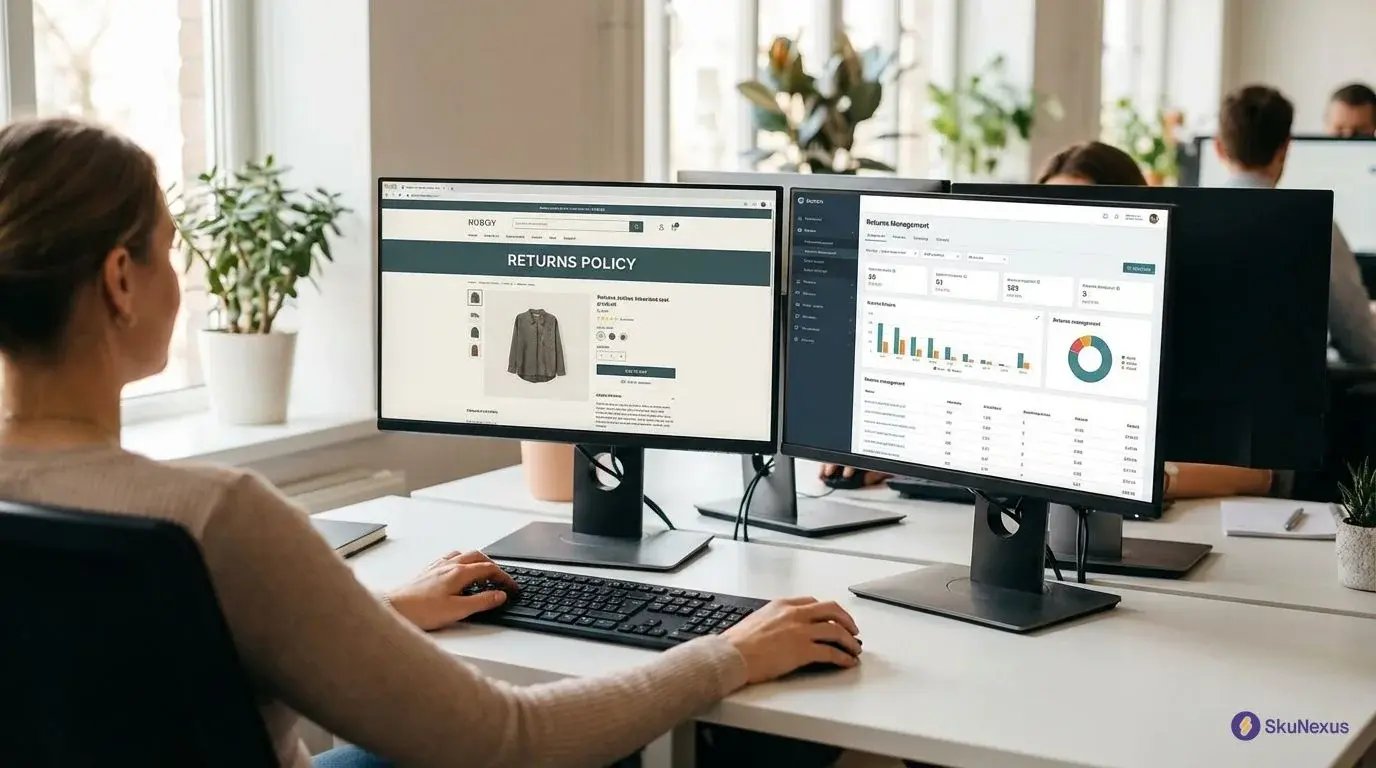 Customer service representative managing returns policy implementation on ecommerce product pages