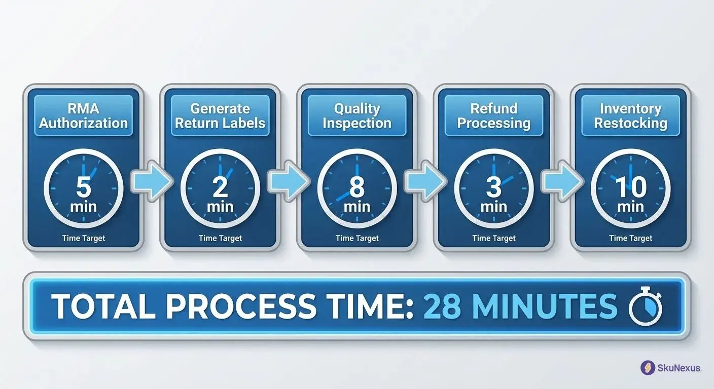 Returns processing workflow 5 steps with 28 minute time targets for efficient returns management