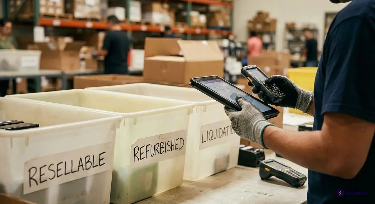 Quality inspection process sorting returns into resellable refurbished liquidation categories