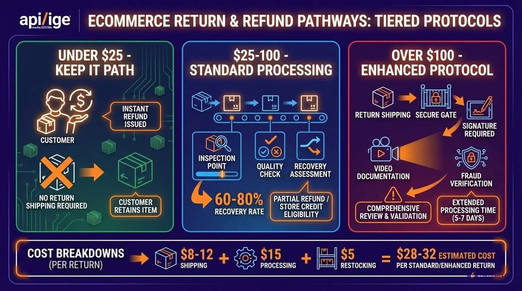 Returns management routing infographic showing 3 value-based paths for items under $25, $25-100, and over $100