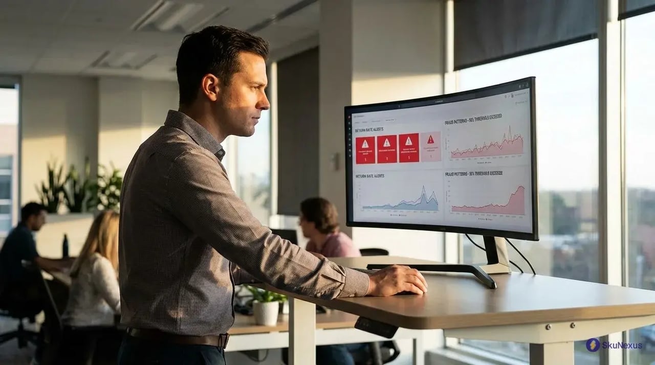 Loss prevention analyst reviewing serial returner patterns and wardrobing fraud detection in returns management system