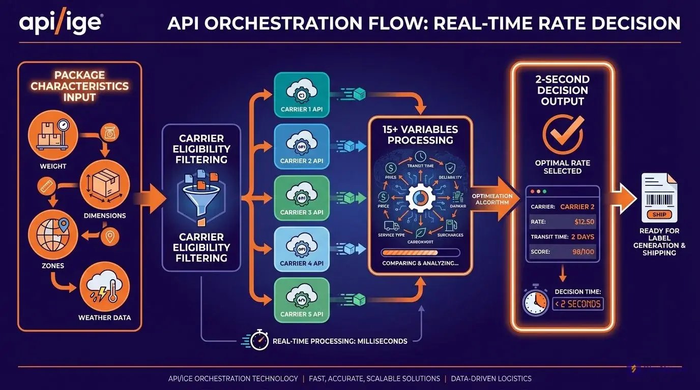 Shipping rate shopping API orchestration flowchart showing 2-second decision process across multiple carriers