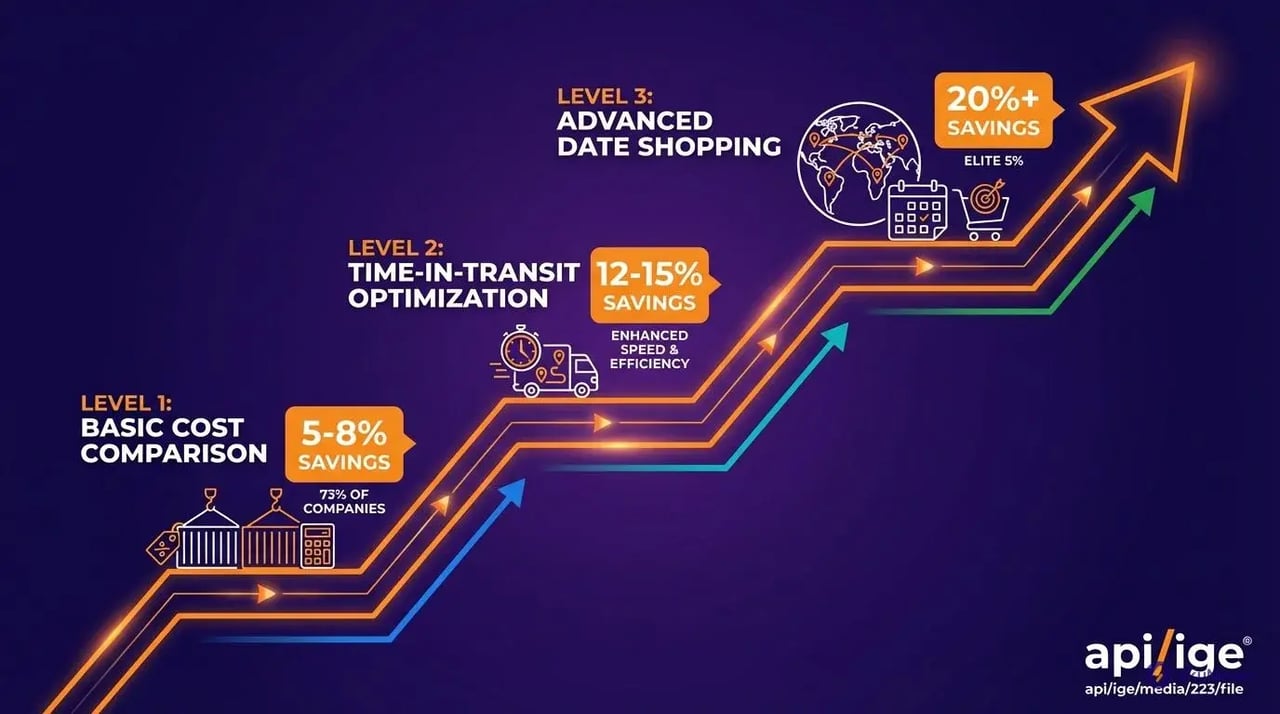 Three levels of shipping rate shopping maturity showing savings percentages from basic 5-8% to advanced 20%+