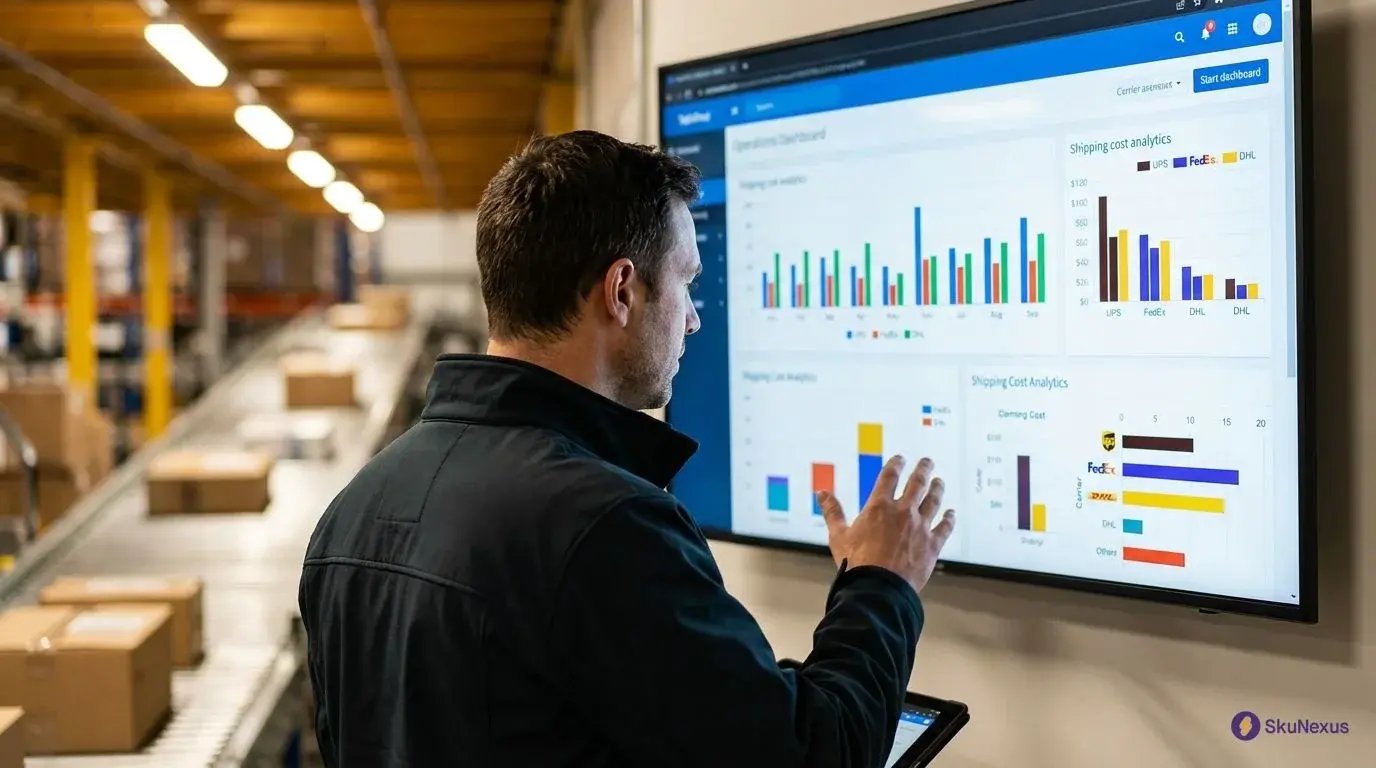 Operations manager analyzing shipping rate shopping dashboard showing carrier cost comparisons in fulfillment center