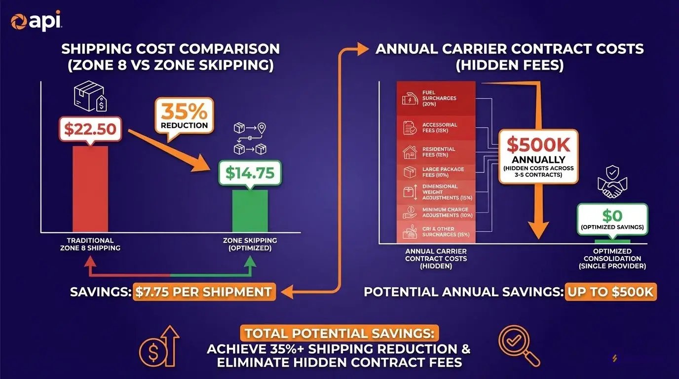 Bar chart showing zone skipping savings reducing Zone 8 shipping costs from $22.50 to $14.75 and $500K hidden carrier contract costs