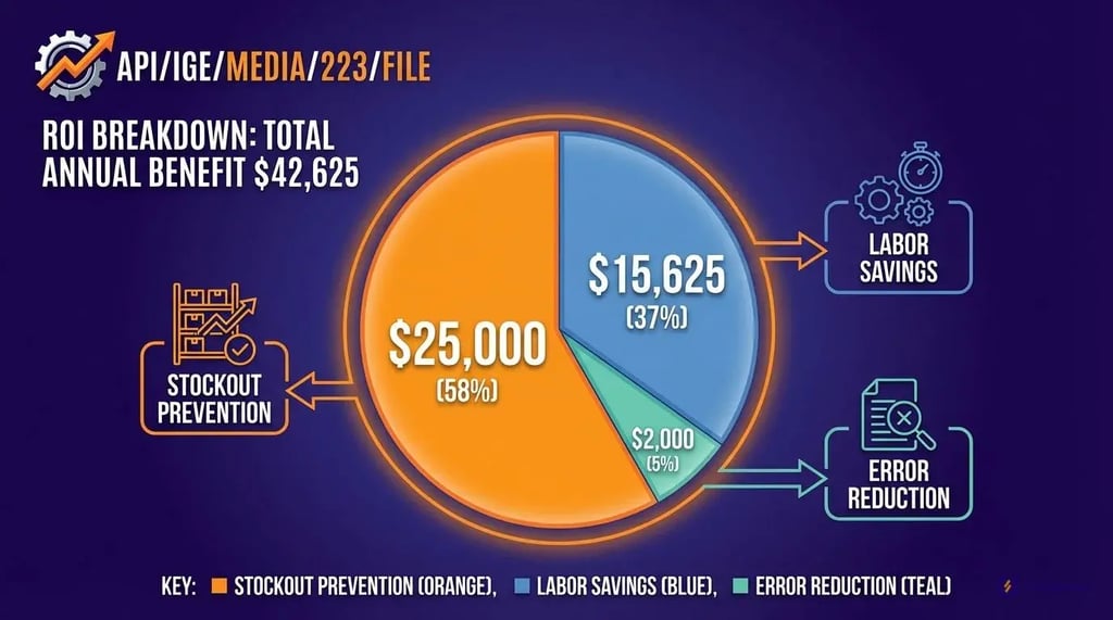 ROI breakdown pie chart showing $42,625 annual savings from small business inventory management software