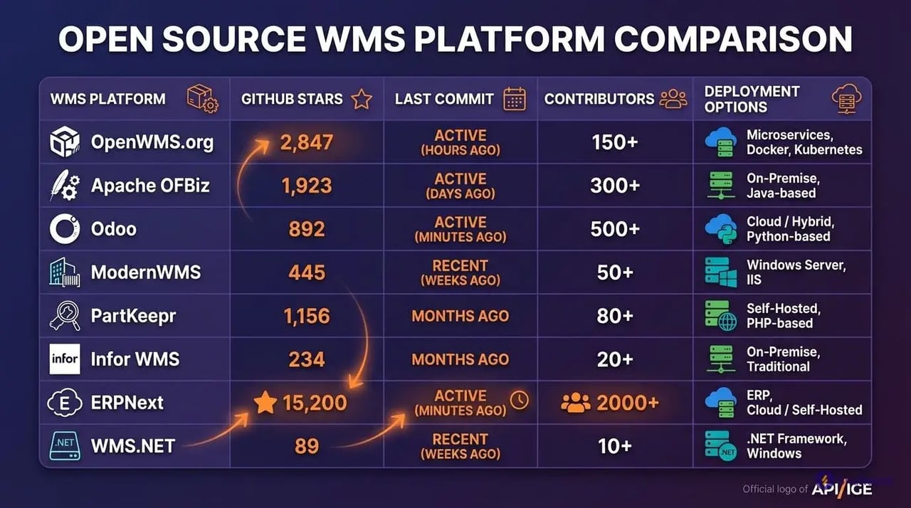 Open source WMS comparison table ranking 8 platforms by customization capability and GitHub activity