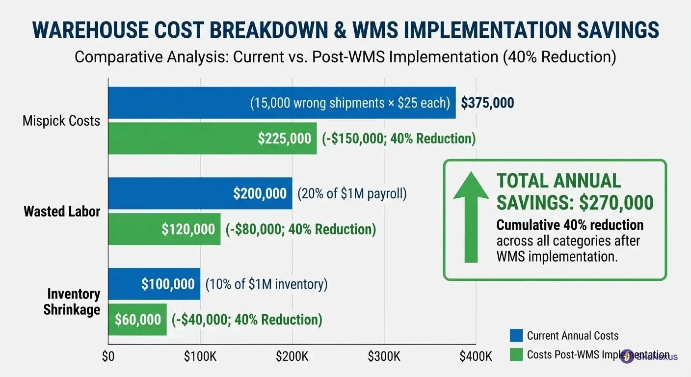 Warehouse management system cost savings breakdown showing $270,000 annual savings from reduced mispicks, labor waste, and inventory shrinkage