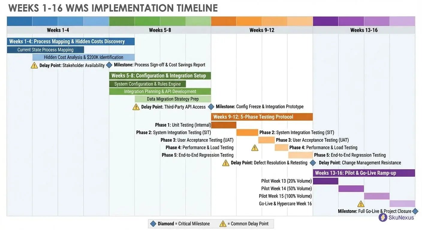 16-week warehouse management system implementation timeline showing process mapping, configuration, testing, and go-live phases