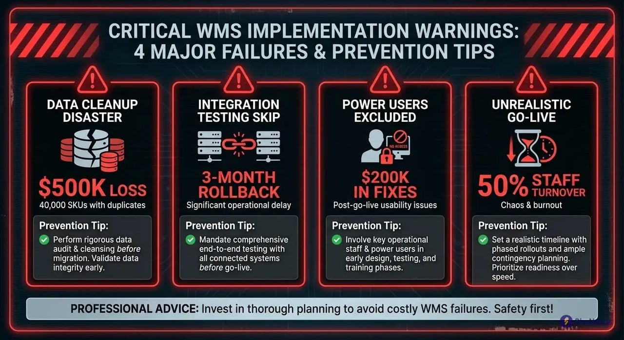 WMS implementation failure lessons showing $1.2 million in preventable costs from data cleanup, integration issues, and poor planning