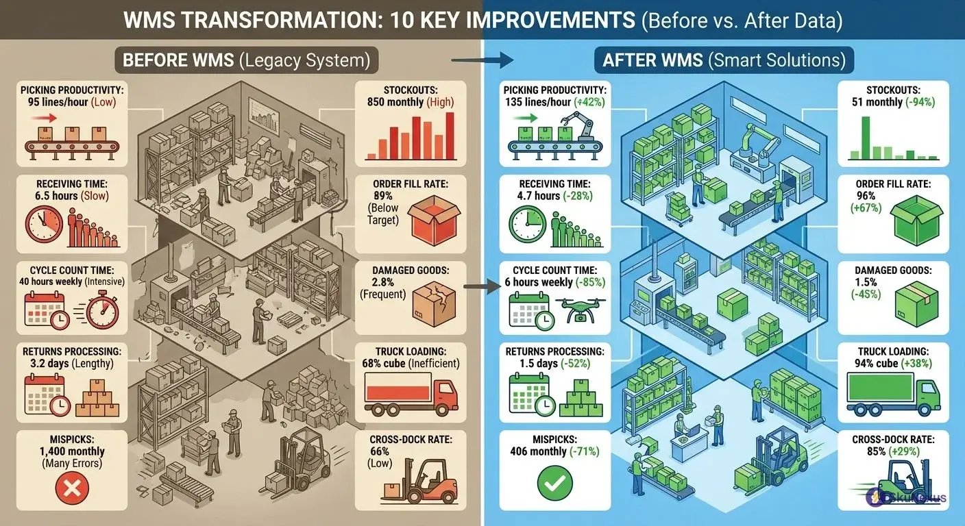WMS implementation results showing 10 measurable improvements including 42% picking productivity gain and 94% stockout reduction