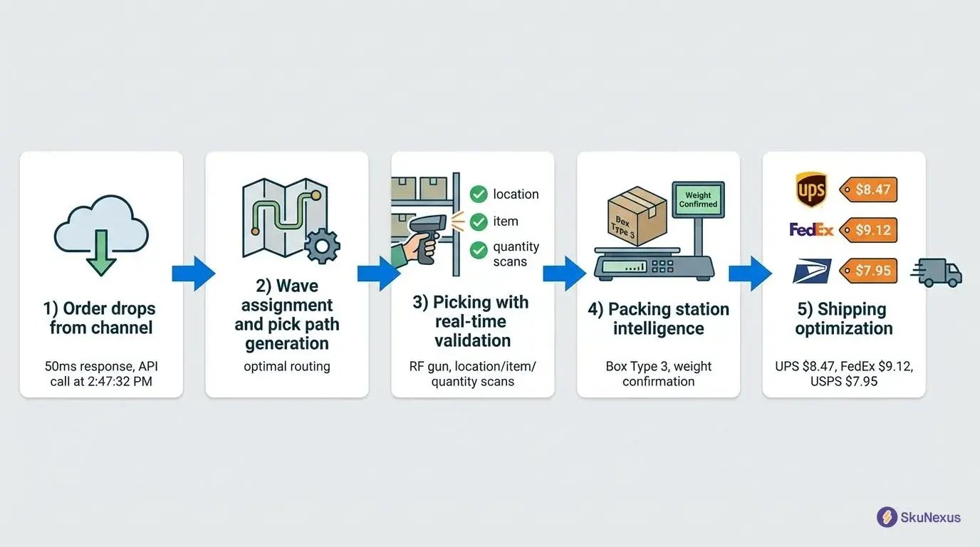 Modern warehouse management system 5-step order fulfillment process flowchart from order receipt to shipping label generation