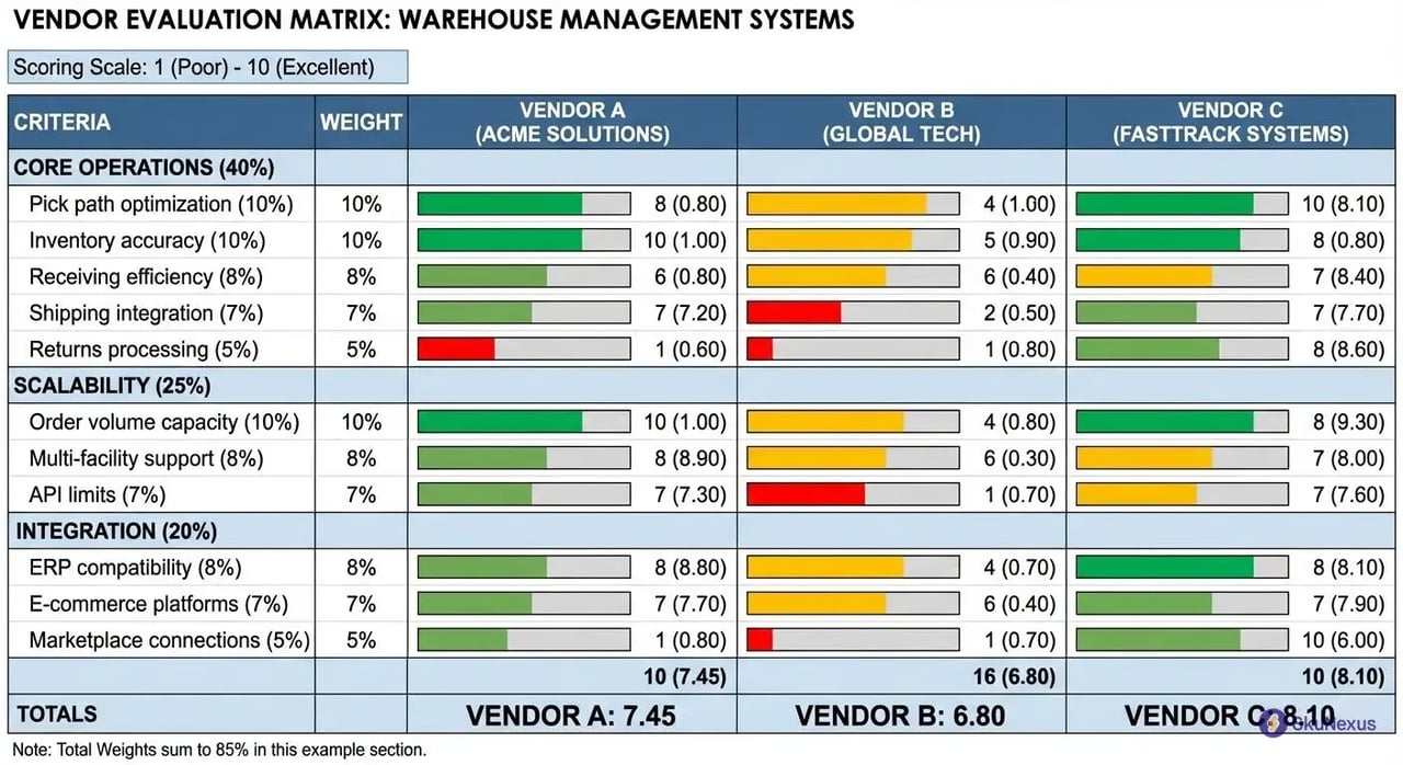 WMS vendor selection framework matrix with weighted criteria for core operations, scalability, and integration capabilities