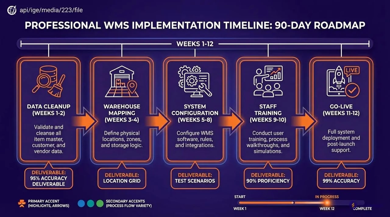 90-day WMS implementation roadmap flowchart showing phased approach from data cleanup to go-live with key deliverables