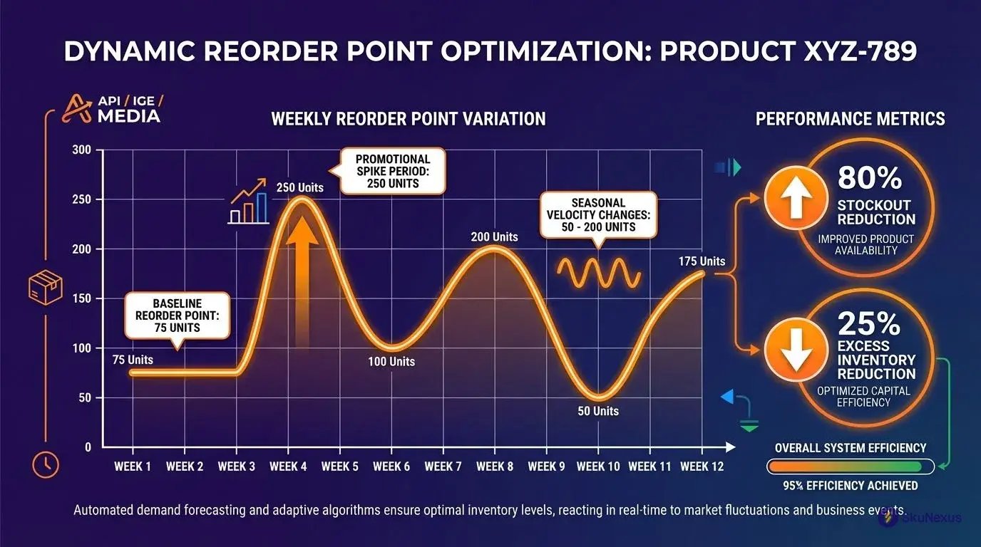 dynamic reorder points chart showing automated adjustment from 75 to 250 units during promotional periods in warehouse management system