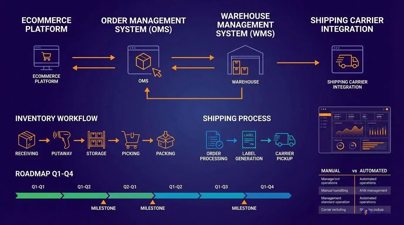 warehouse management system efficiency gains shown by operations manager reviewing WMS dashboard in fulfillment center