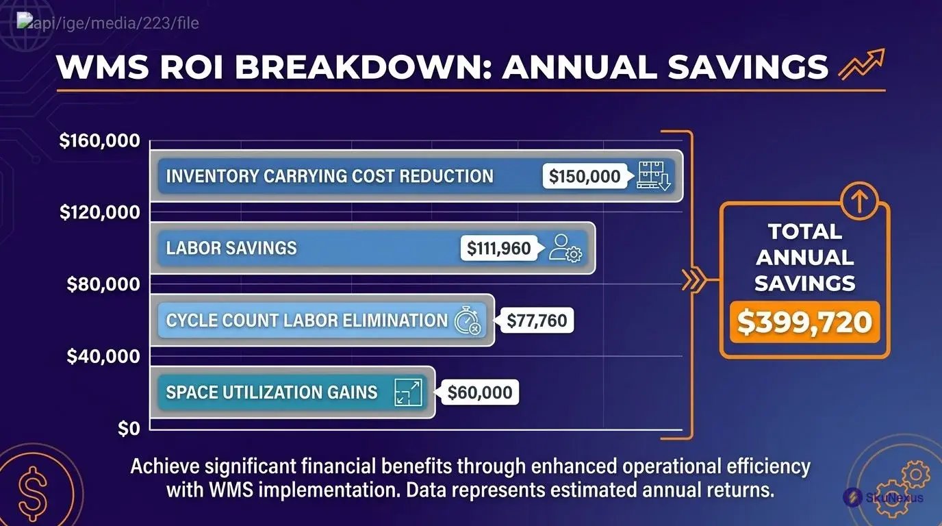 WMS ROI calculation bar chart showing $399,720 total annual savings from warehouse management system implementation