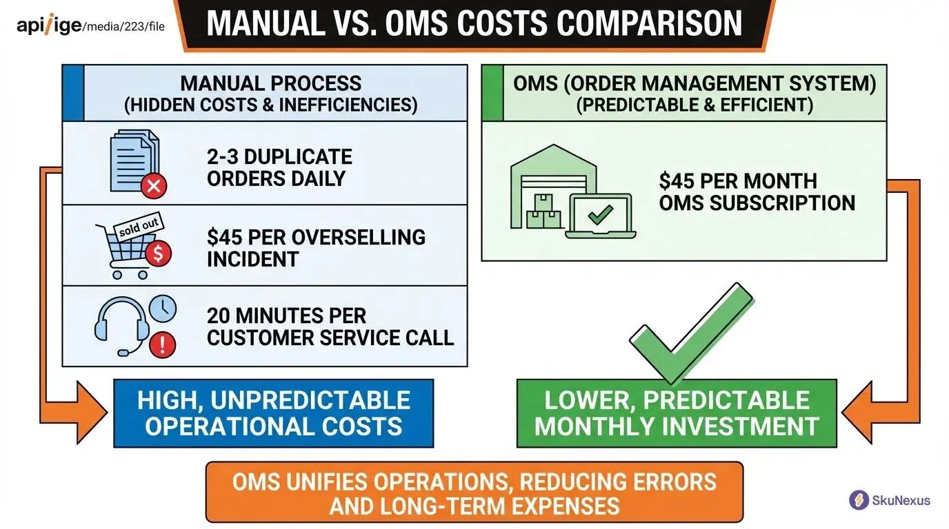 Manual order processing vs OMS software cost comparison showing $45 per overselling incident