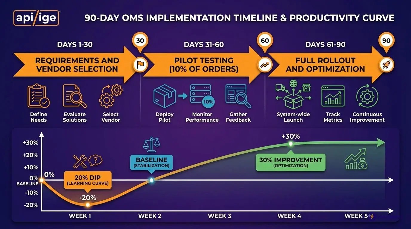 90-day OMS implementation roadmap showing vendor selection, pilot testing, and full rollout phases