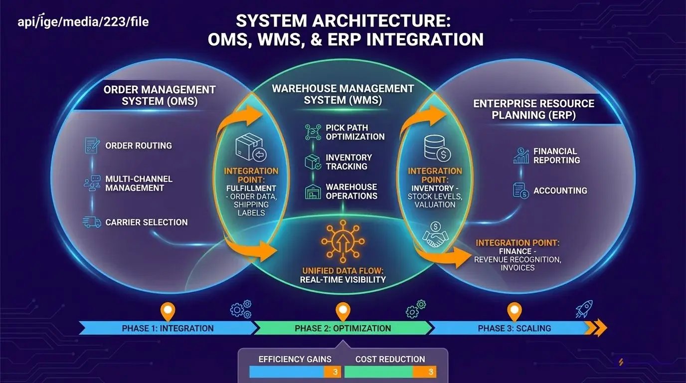 OMS vs WMS vs ERP system diagram showing order management and warehouse management differences
