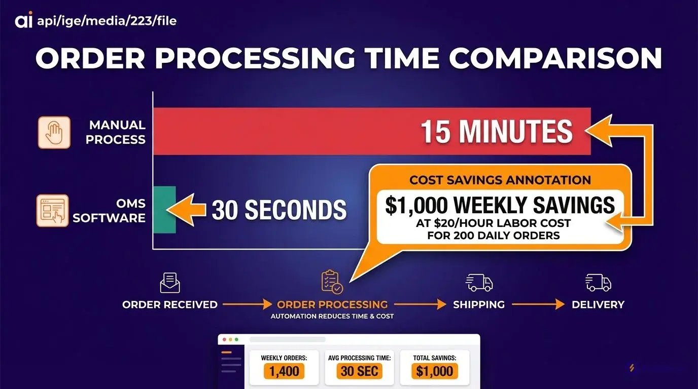 order processing time comparison showing 15 minutes manual vs 30 seconds with OMS software