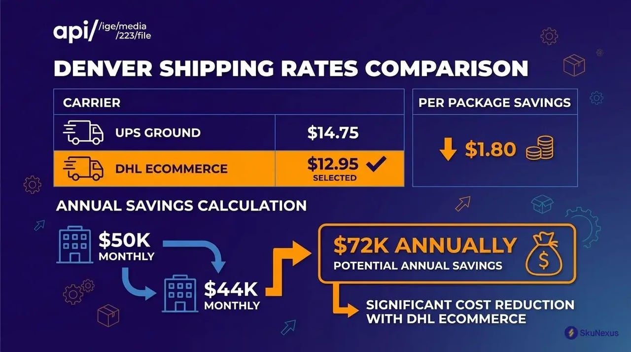 shipping carrier rate comparison table showing DHL eCommerce vs UPS Ground pricing for Denver delivery