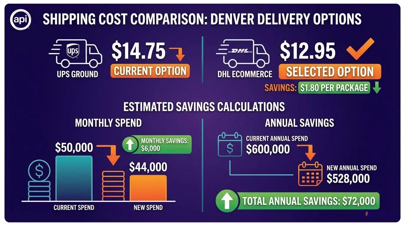 Shipping cost comparison showing DHL eCommerce $12.95 vs UPS Ground $14.75 for Denver delivery