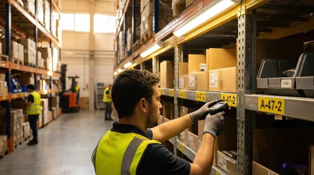 warehouse picker scanning inventory bin A-47-2 using handheld OMS device