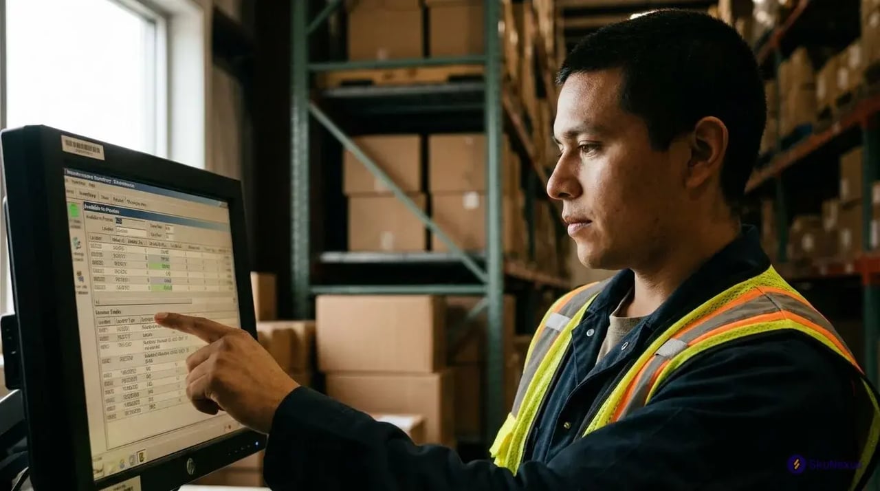 warehouse worker reviewing real-time ATP inventory calculations on OMS terminal