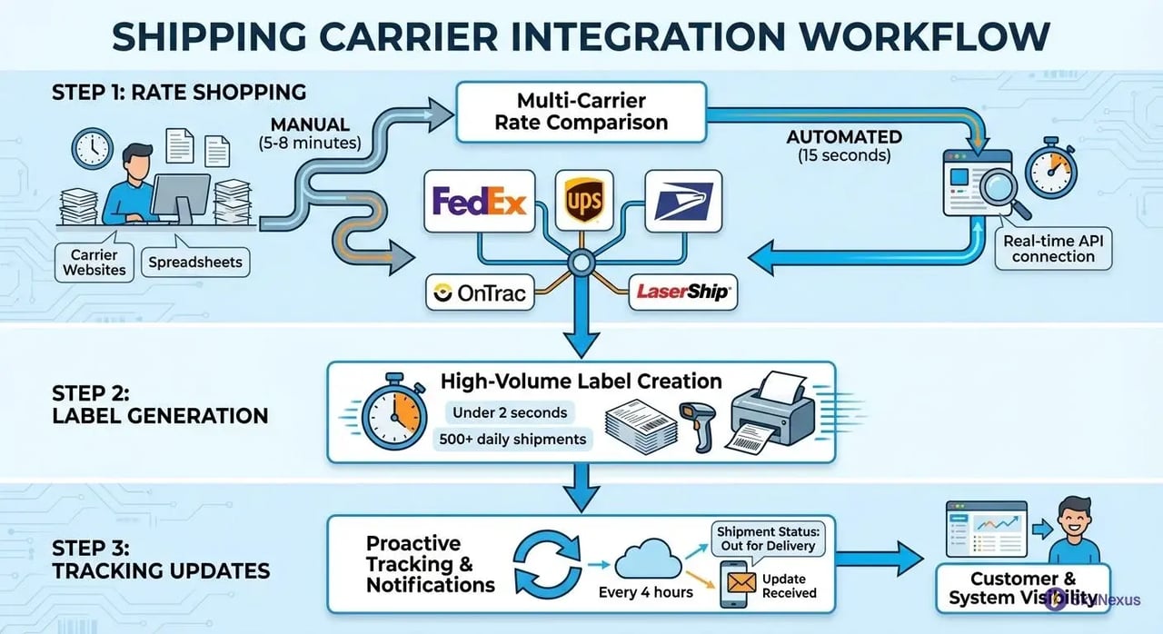 Shipping carrier integration workflow showing automated rate shopping and label generation process